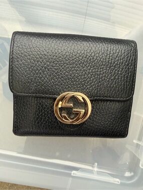 Gucci Black Pebbled Leather Wallet with Gold GG Emblem
